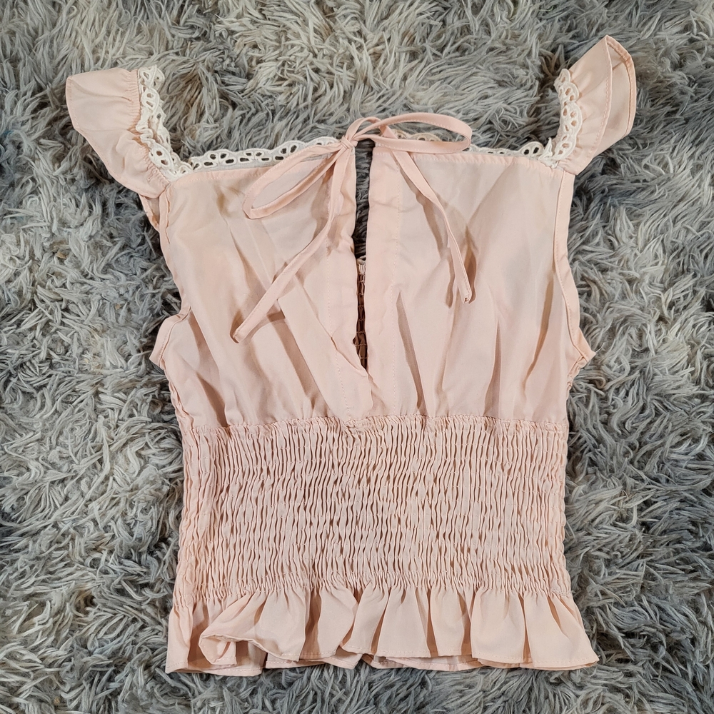 Light Pink Coquette Smocked Babydoll Top with White Lace Trim & Tie Front